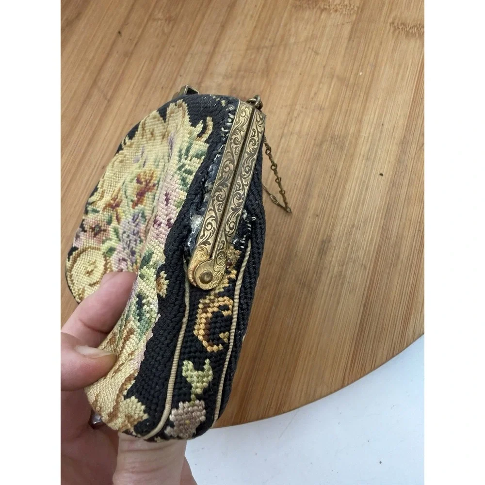 Victorian Style Floral Embroidered Tapestry Evening Bag with Brass Chain & Clasp